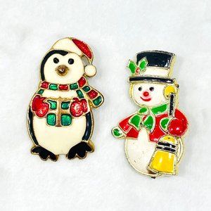 Two Vintage Christmas Brooches - Penguin & Snowman